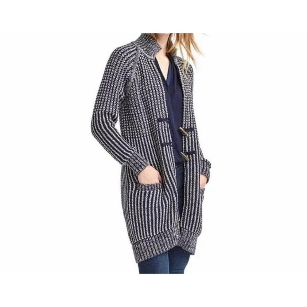 Gap Womens XS Navy Blue White Striped Toggle Longline Chunky‎ Cotton Cardigan